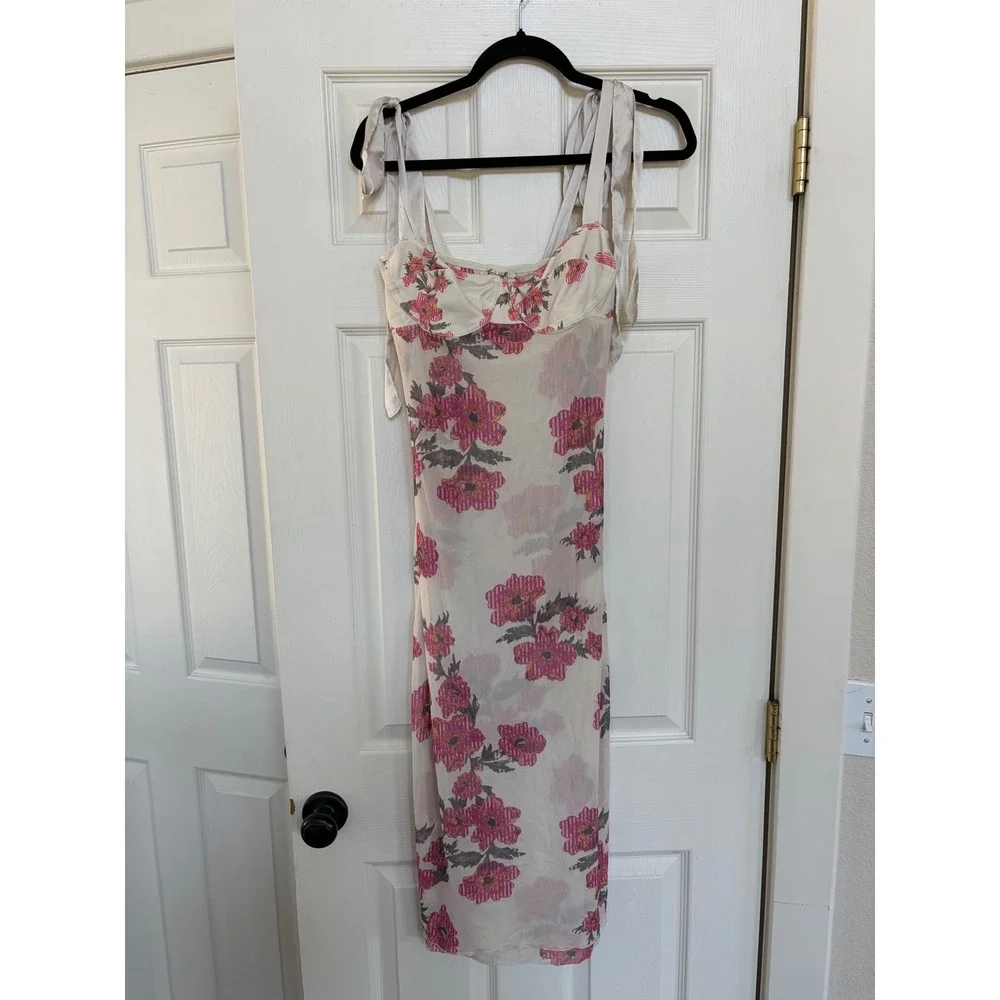 Free People Intimately Floral Mesh Midi Dress Pink Cream Satin Tie Bustier Small